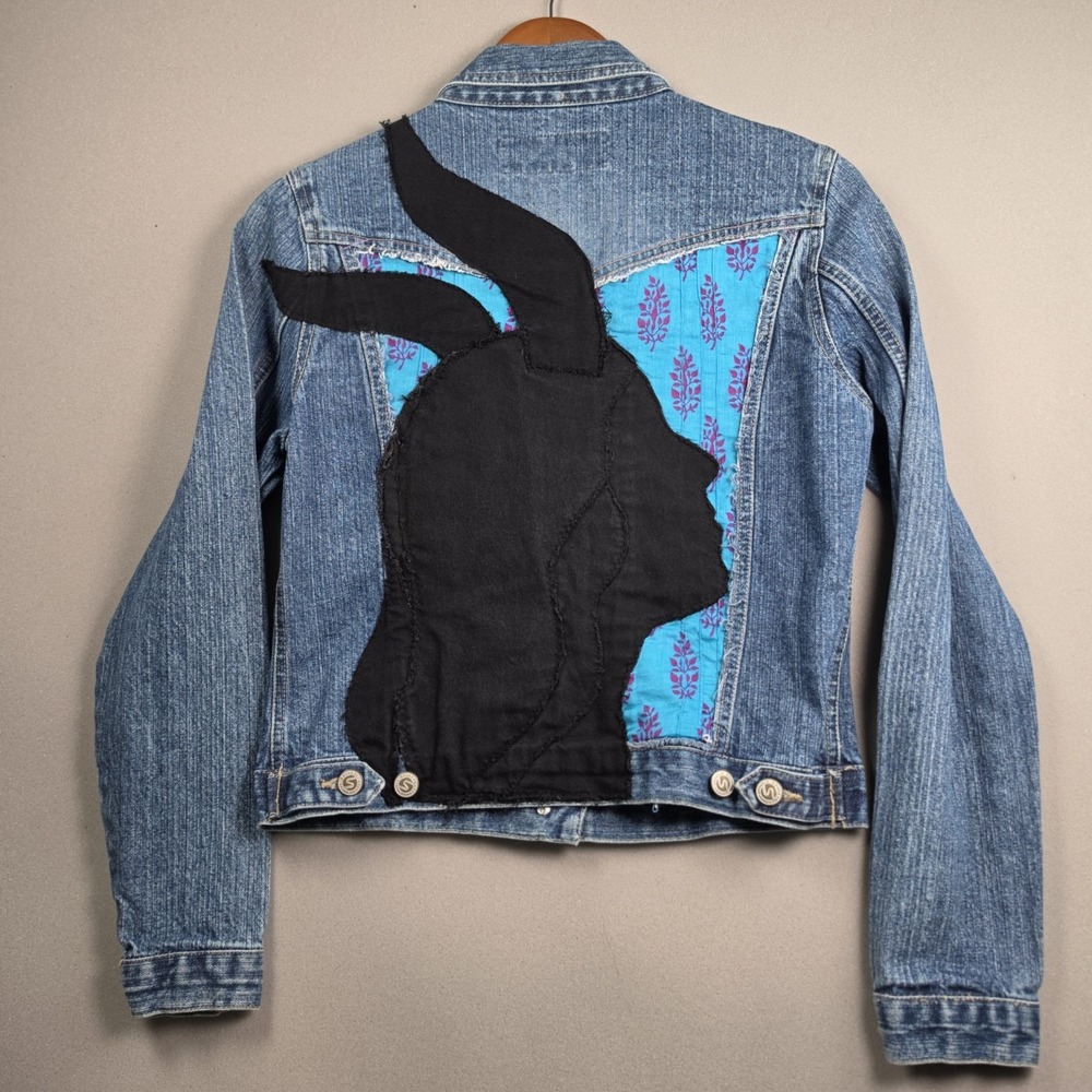 Squeeze Stephen Hardy Reworked Blue Denim Jacket Custom Rabbit Patch Womens M - Picture 3 of 9
